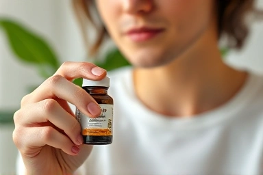 Person examining amino acid supplement bottle with calm background.